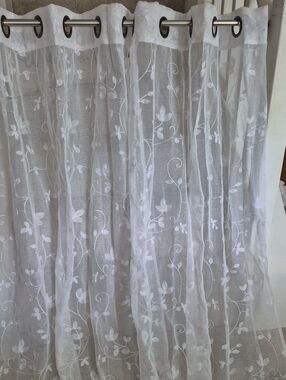 Two Snow White Sheer Floral Embroidered Curtain Panels 38x63 (76x63)